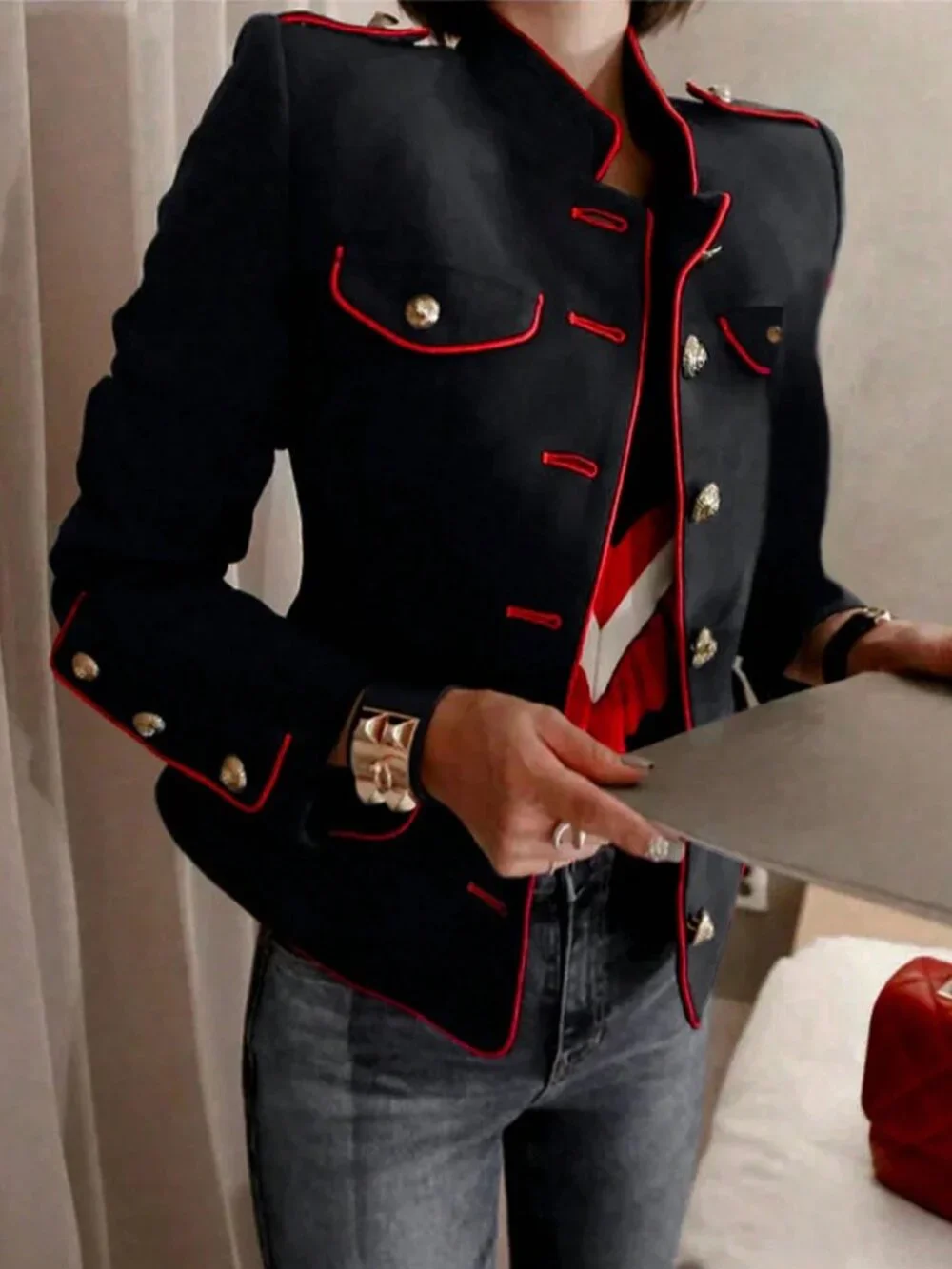 Black Red Piped Military Style Women's Single Breasted Gold Button Jacket